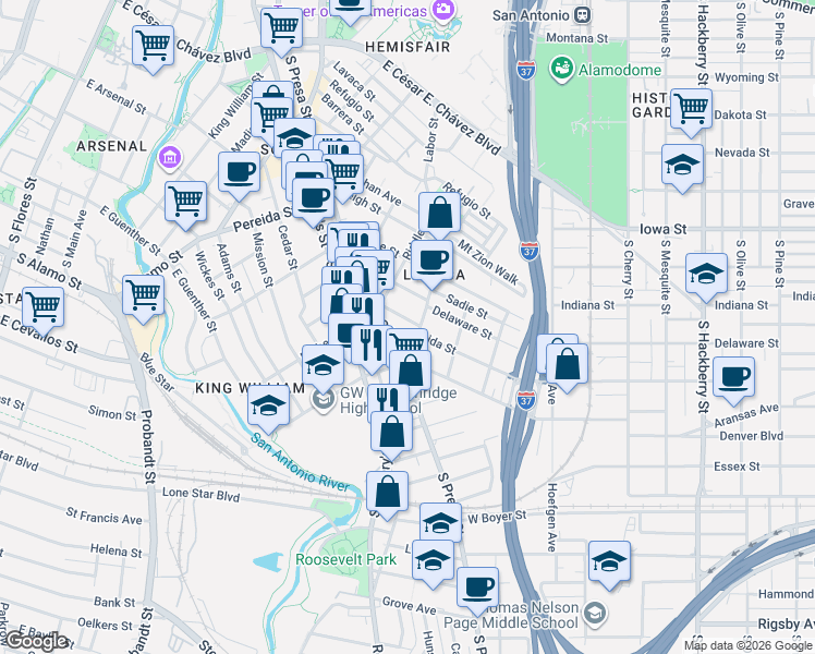 map of restaurants, bars, coffee shops, grocery stores, and more near 214 Vance Street in San Antonio