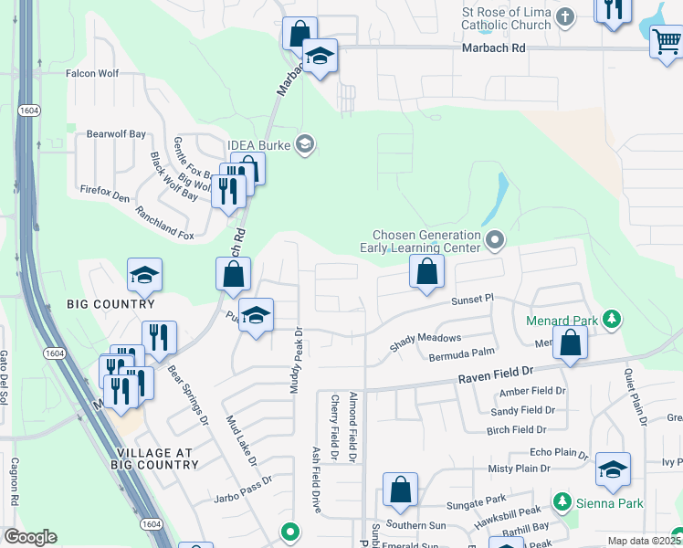map of restaurants, bars, coffee shops, grocery stores, and more near 2403 Pue Road in San Antonio