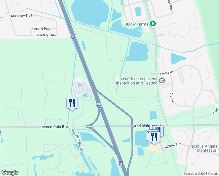 map of restaurants, bars, coffee shops, grocery stores, and more near Interstate 95 in Flagler Beach