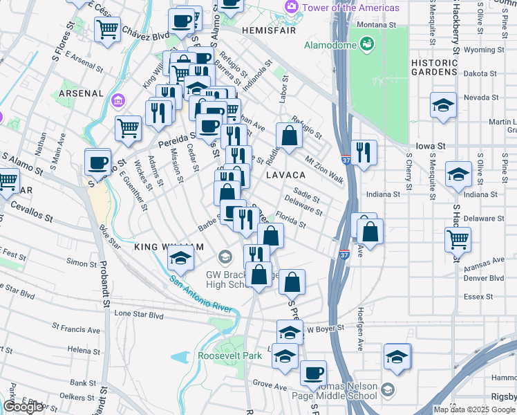 map of restaurants, bars, coffee shops, grocery stores, and more near 214 Vance Street in San Antonio