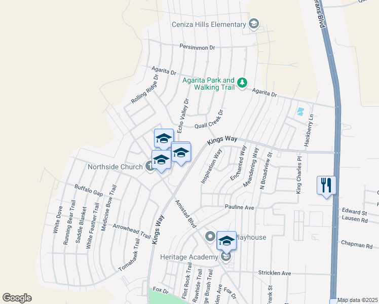 map of restaurants, bars, coffee shops, grocery stores, and more near 705 Kings Way in Del Rio