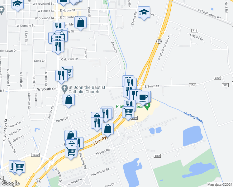 map of restaurants, bars, coffee shops, grocery stores, and more near 800 East South Street in Alvin
