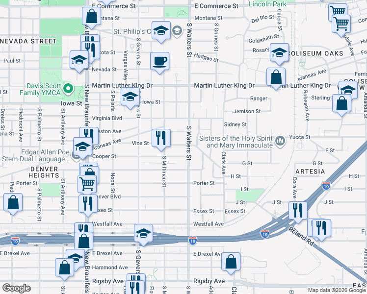 map of restaurants, bars, coffee shops, grocery stores, and more near 347 Vine Street in San Antonio
