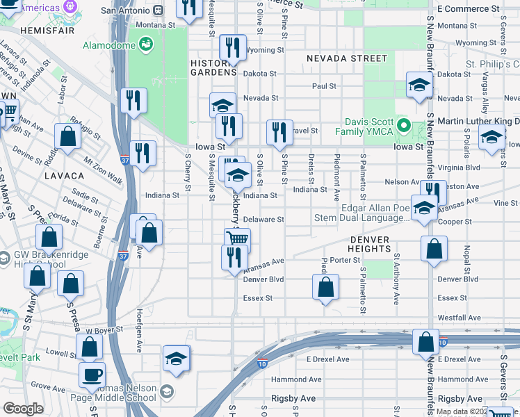map of restaurants, bars, coffee shops, grocery stores, and more near 996 South Hackberry in San Antonio