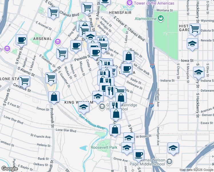 map of restaurants, bars, coffee shops, grocery stores, and more near 1318 South Saint Mary's Street in San Antonio