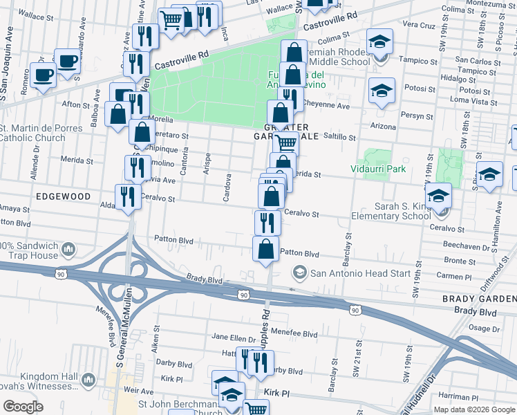 map of restaurants, bars, coffee shops, grocery stores, and more near 1501 Ceralvo Street in San Antonio