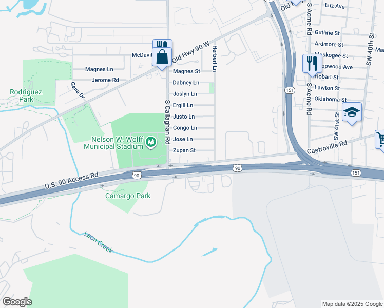 map of restaurants, bars, coffee shops, grocery stores, and more near 5455 Zupan Street in San Antonio