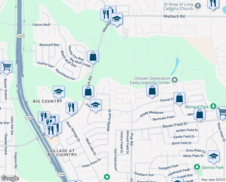 map of restaurants, bars, coffee shops, grocery stores, and more near 1934 Muddy Peak Drive in San Antonio