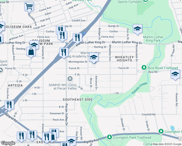 map of restaurants, bars, coffee shops, grocery stores, and more near 911 F Street in San Antonio