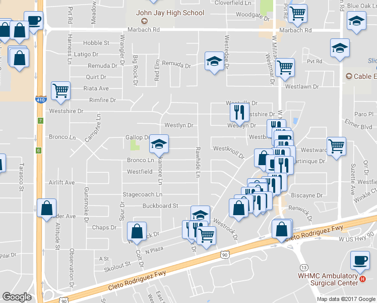 map of restaurants, bars, coffee shops, grocery stores, and more near 7414 Buckskin in San Antonio