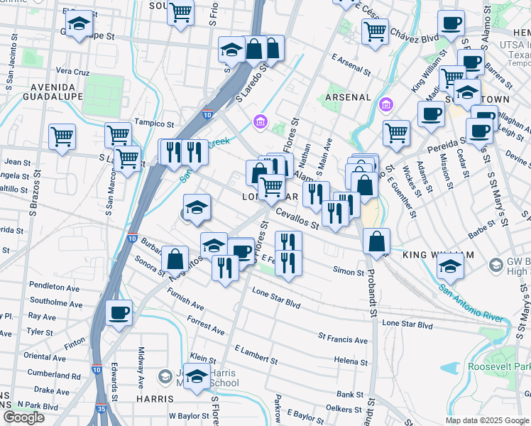 map of restaurants, bars, coffee shops, grocery stores, and more near 207 West Cevallos in San Antonio
