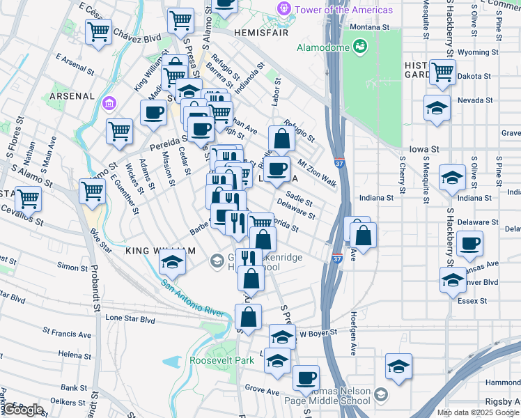 map of restaurants, bars, coffee shops, grocery stores, and more near 214 Vance Street in San Antonio