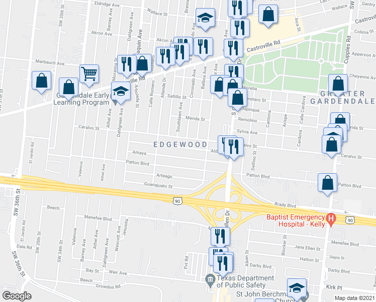 map of restaurants, bars, coffee shops, grocery stores, and more near 236 Aldama in San Antonio