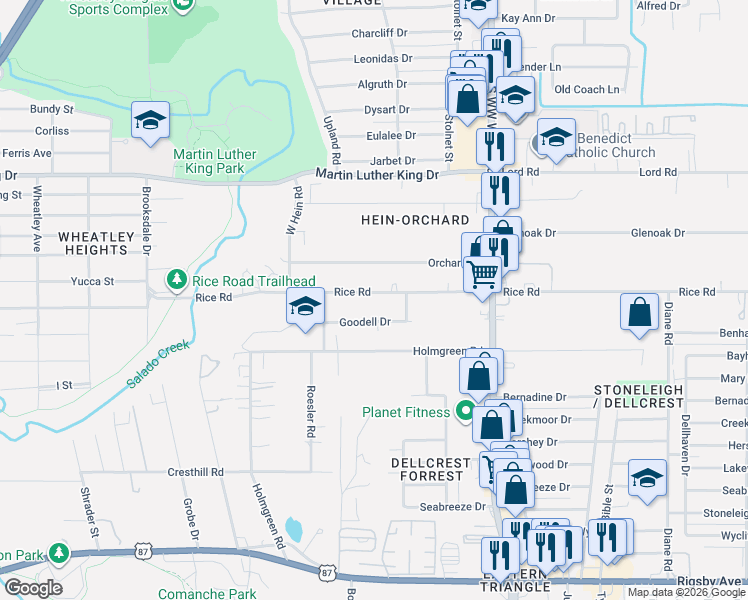map of restaurants, bars, coffee shops, grocery stores, and more near 546 Rice Road in San Antonio