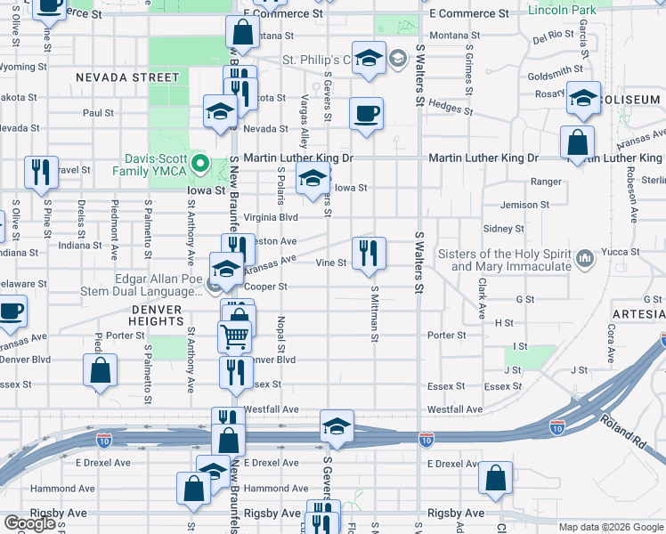 map of restaurants, bars, coffee shops, grocery stores, and more near 139 Vine Street in San Antonio