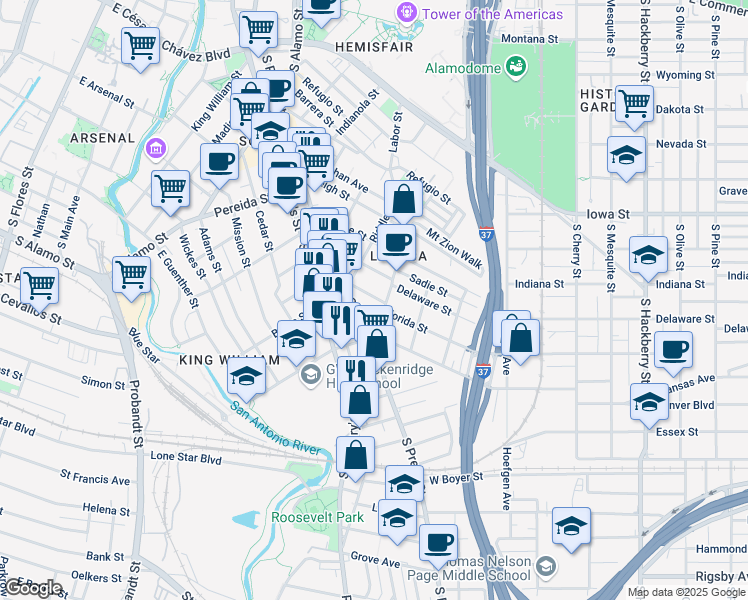map of restaurants, bars, coffee shops, grocery stores, and more near 214 Vance Street in San Antonio