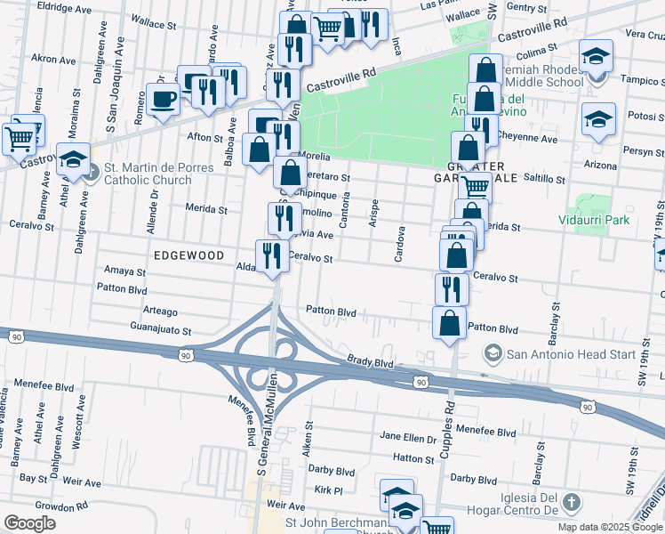 map of restaurants, bars, coffee shops, grocery stores, and more near 1814 Ceralvo Street in San Antonio