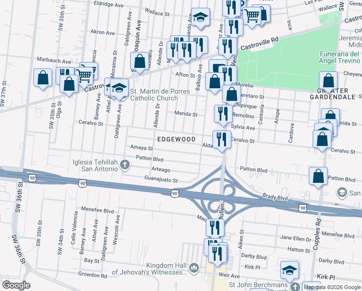 map of restaurants, bars, coffee shops, grocery stores, and more near 236 Aldama in San Antonio