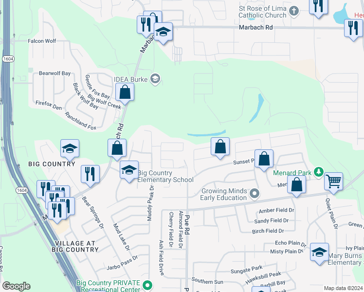 map of restaurants, bars, coffee shops, grocery stores, and more near 10187 Bastrop Creek in San Antonio
