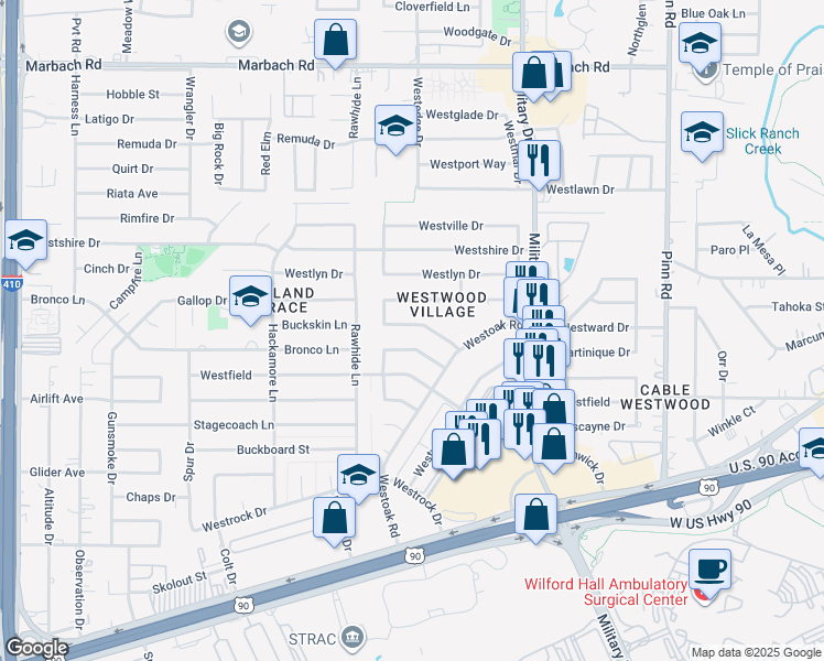 map of restaurants, bars, coffee shops, grocery stores, and more near 134 Westknoll Drive in San Antonio