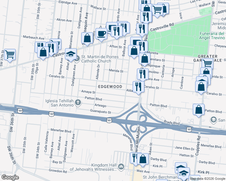 map of restaurants, bars, coffee shops, grocery stores, and more near 236 Aldama in San Antonio