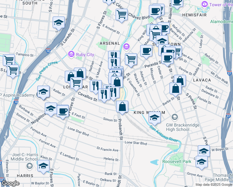 map of restaurants, bars, coffee shops, grocery stores, and more near 117 Blue Star in San Antonio