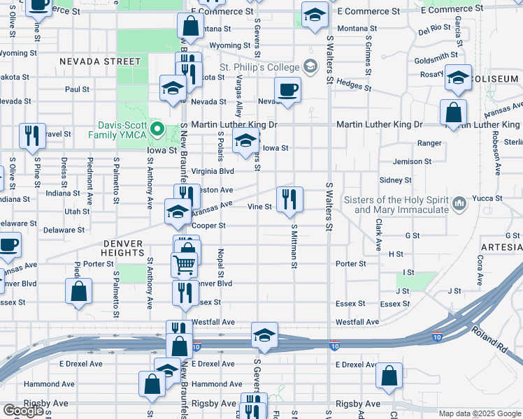 map of restaurants, bars, coffee shops, grocery stores, and more near 139 Vine Street in San Antonio
