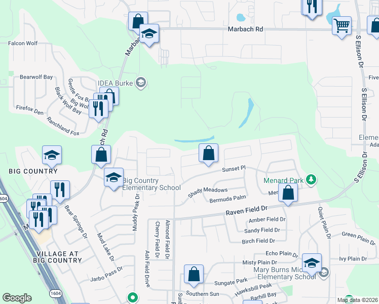 map of restaurants, bars, coffee shops, grocery stores, and more near 10159 Bastrop Creek in San Antonio