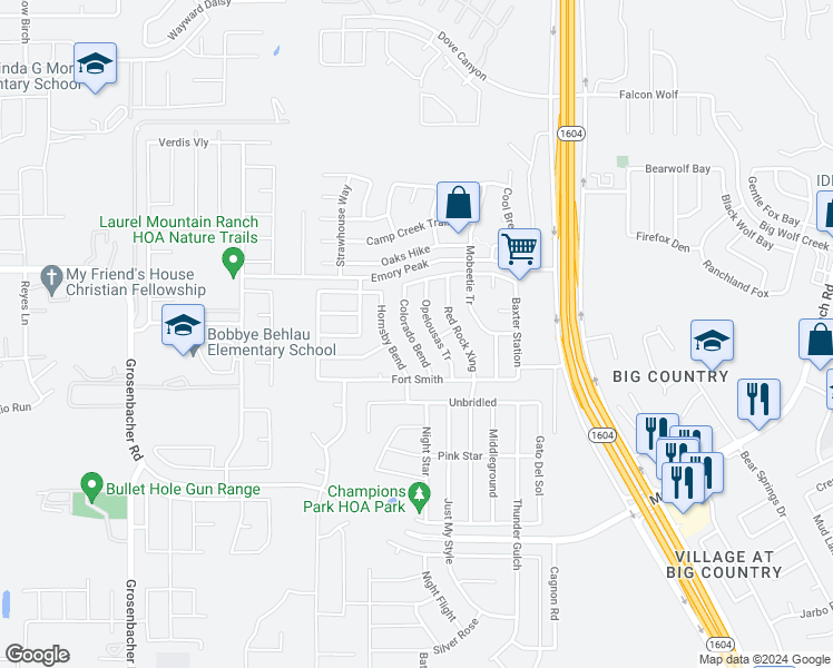 map of restaurants, bars, coffee shops, grocery stores, and more near 2218 Colorado Bend in San Antonio
