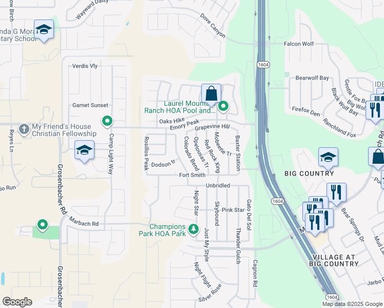 map of restaurants, bars, coffee shops, grocery stores, and more near 2151 Opelousas Tr in San Antonio