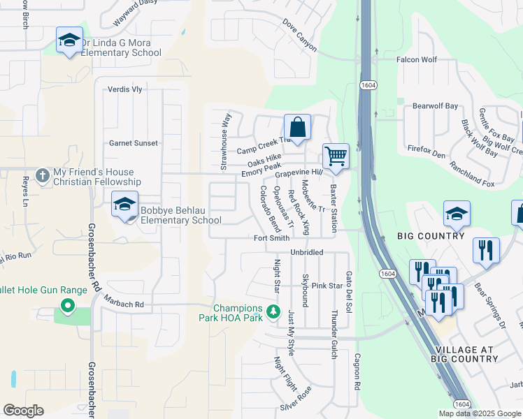 map of restaurants, bars, coffee shops, grocery stores, and more near 2211 Colorado Bend in San Antonio