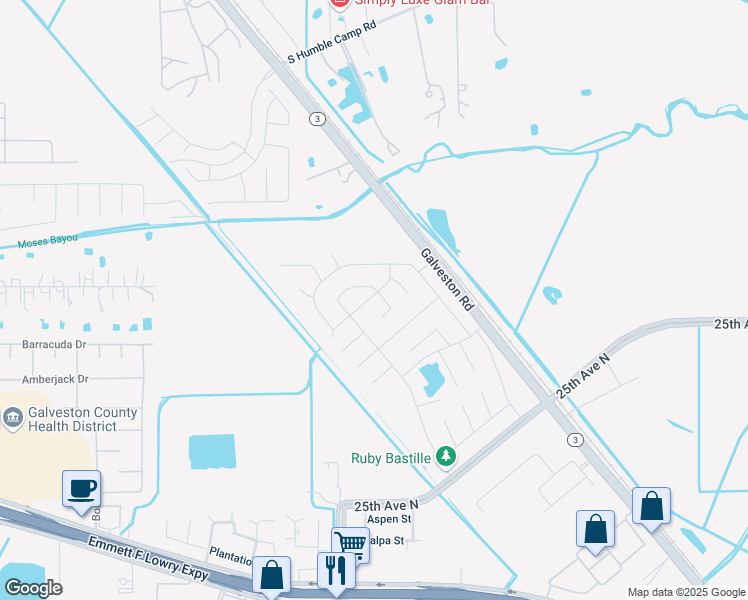 map of restaurants, bars, coffee shops, grocery stores, and more near 3018 Ruby Drive in Texas City