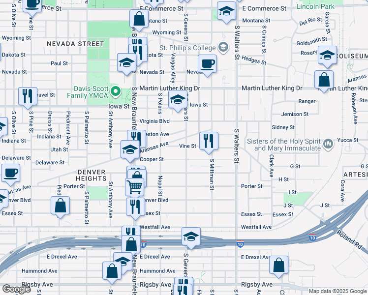 map of restaurants, bars, coffee shops, grocery stores, and more near 1101 South Gevers Street in San Antonio