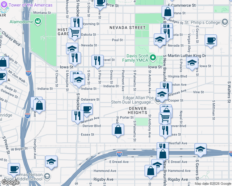 map of restaurants, bars, coffee shops, grocery stores, and more near 225 Utah Street in San Antonio
