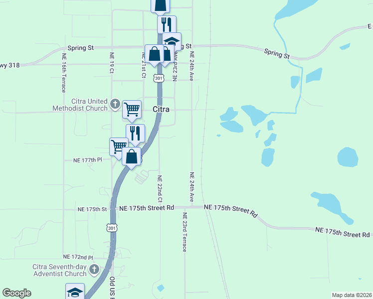 map of restaurants, bars, coffee shops, grocery stores, and more near 17785 Northeast 24th Avenue in Citra