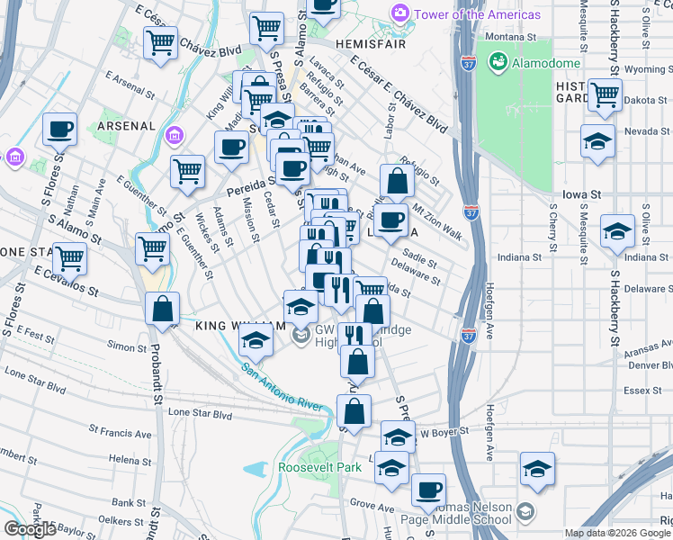 map of restaurants, bars, coffee shops, grocery stores, and more near 1318 South Saint Mary's Street in San Antonio