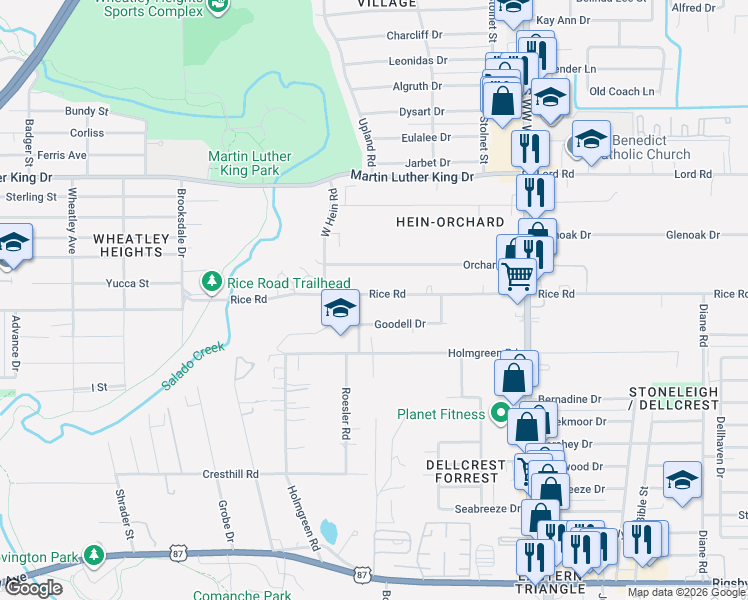 map of restaurants, bars, coffee shops, grocery stores, and more near 514 Rice Road in San Antonio