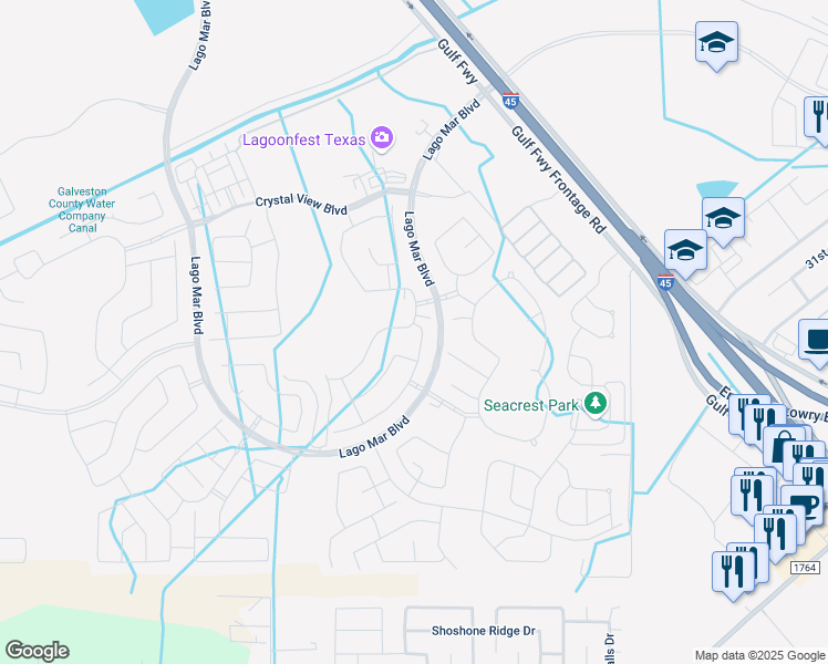 map of restaurants, bars, coffee shops, grocery stores, and more near 2809 Bayrose Drive in La Marque