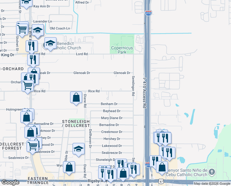 map of restaurants, bars, coffee shops, grocery stores, and more near 1264 Rice Road in San Antonio