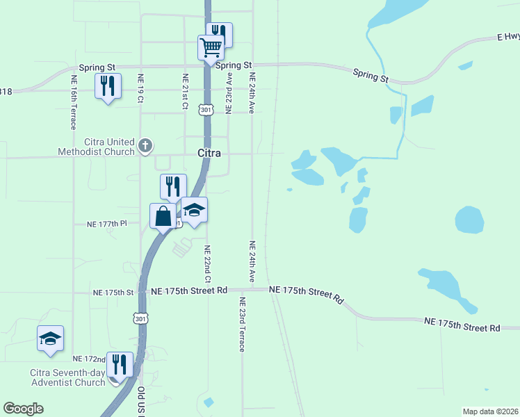 map of restaurants, bars, coffee shops, grocery stores, and more near 17785 Northeast 24th Avenue in Citra