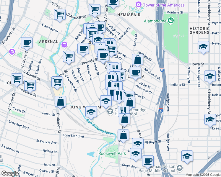 map of restaurants, bars, coffee shops, grocery stores, and more near 1311 South Saint Mary's Street in San Antonio