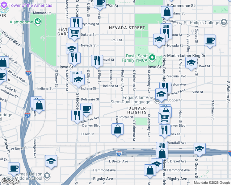 map of restaurants, bars, coffee shops, grocery stores, and more near 225 Utah Street in San Antonio