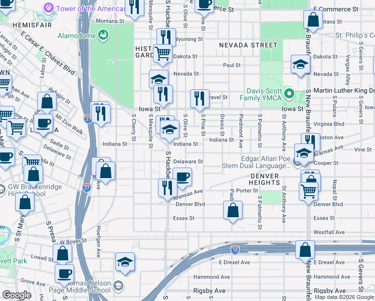 map of restaurants, bars, coffee shops, grocery stores, and more near 996 South Hackberry in San Antonio