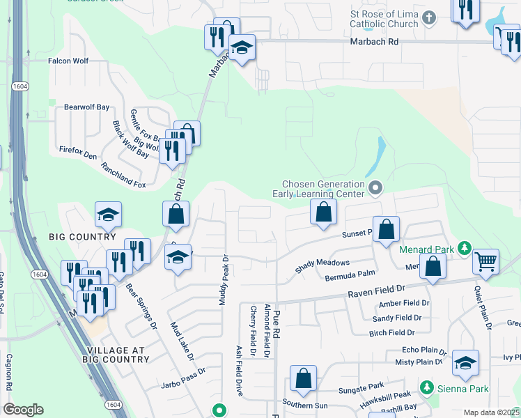 map of restaurants, bars, coffee shops, grocery stores, and more near 2403 Pue Road in San Antonio