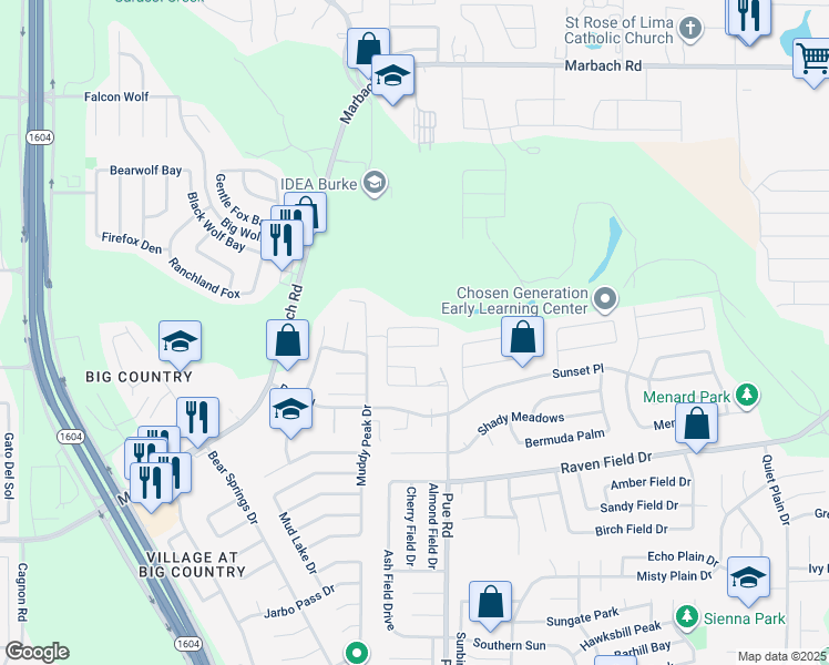 map of restaurants, bars, coffee shops, grocery stores, and more near 2403 Pue Road in San Antonio