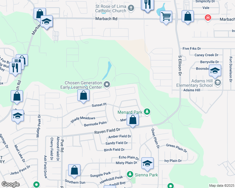 map of restaurants, bars, coffee shops, grocery stores, and more near 9879 Highland Creek in San Antonio