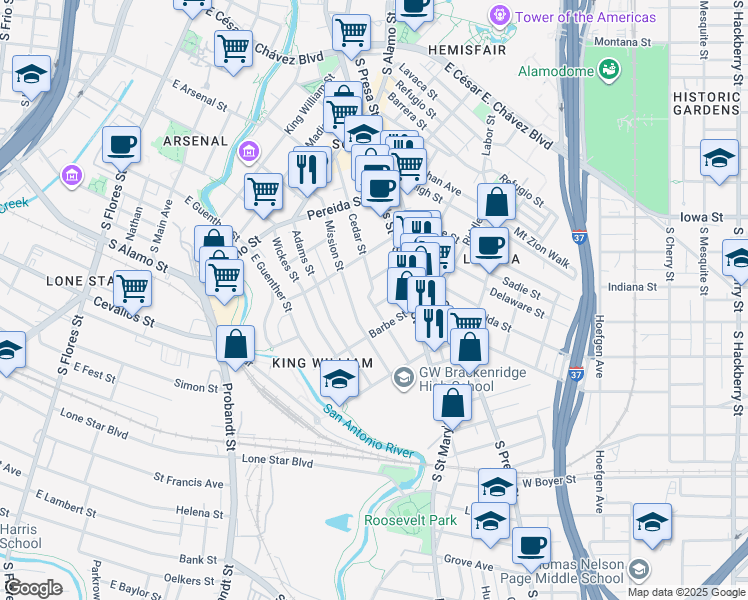 map of restaurants, bars, coffee shops, grocery stores, and more near 227 Claudia Street in San Antonio