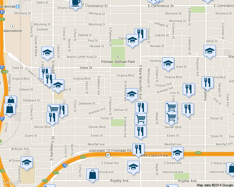 map of restaurants, bars, coffee shops, grocery stores, and more near 118 Dumoulin Ave in San Antonio