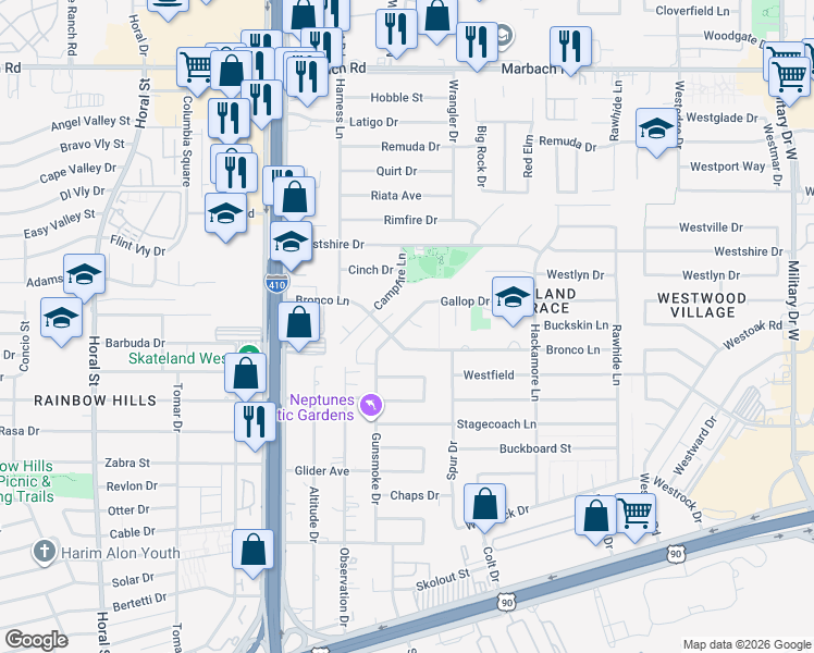 map of restaurants, bars, coffee shops, grocery stores, and more near 7844 Pony Lane in San Antonio