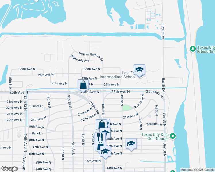 map of restaurants, bars, coffee shops, grocery stores, and more near 513 26th Avenue North in Texas City